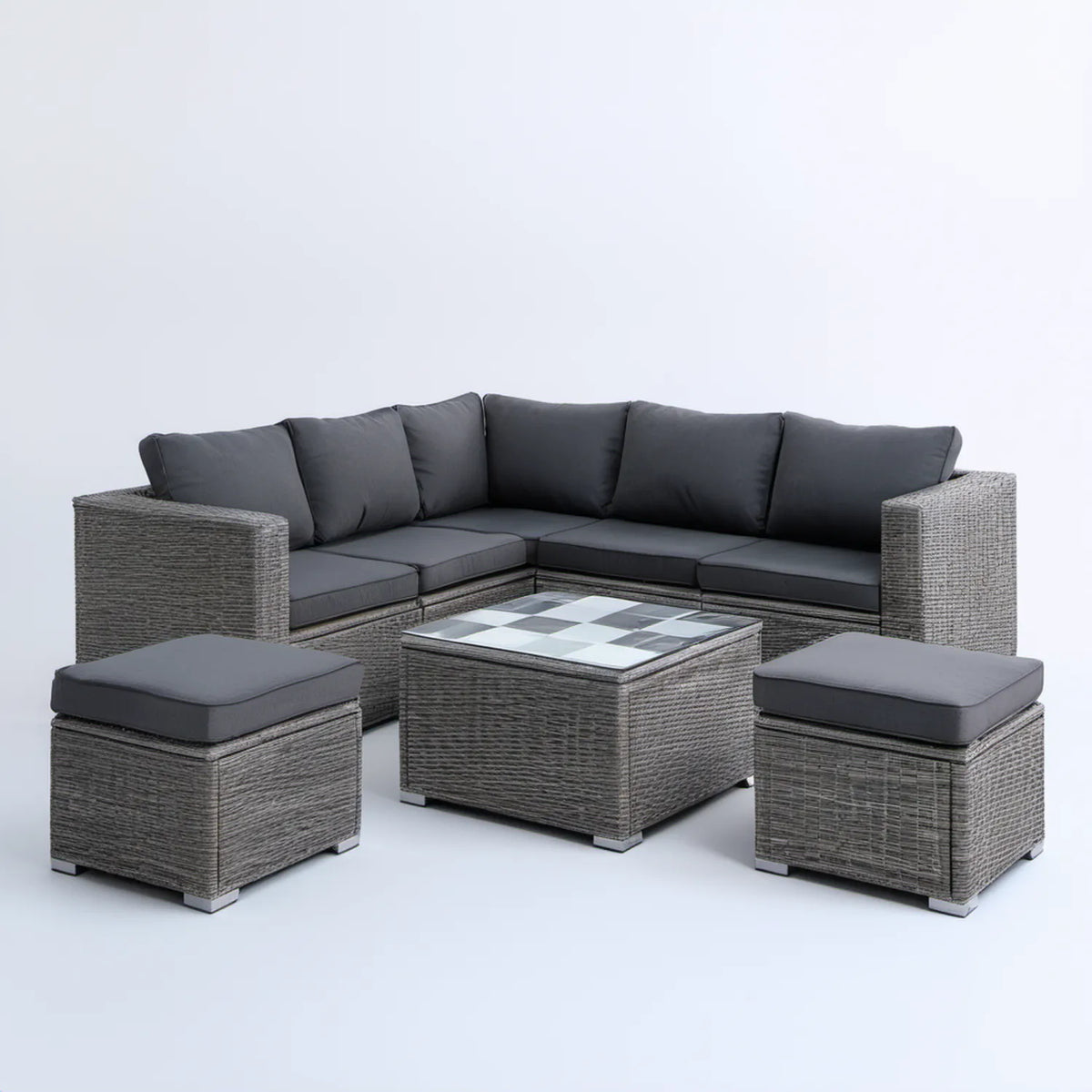 4-częściowy zestaw wypoczynkowy z technorattanu, szary i ciemnoszary, sofa narożna 184 x 184 cm