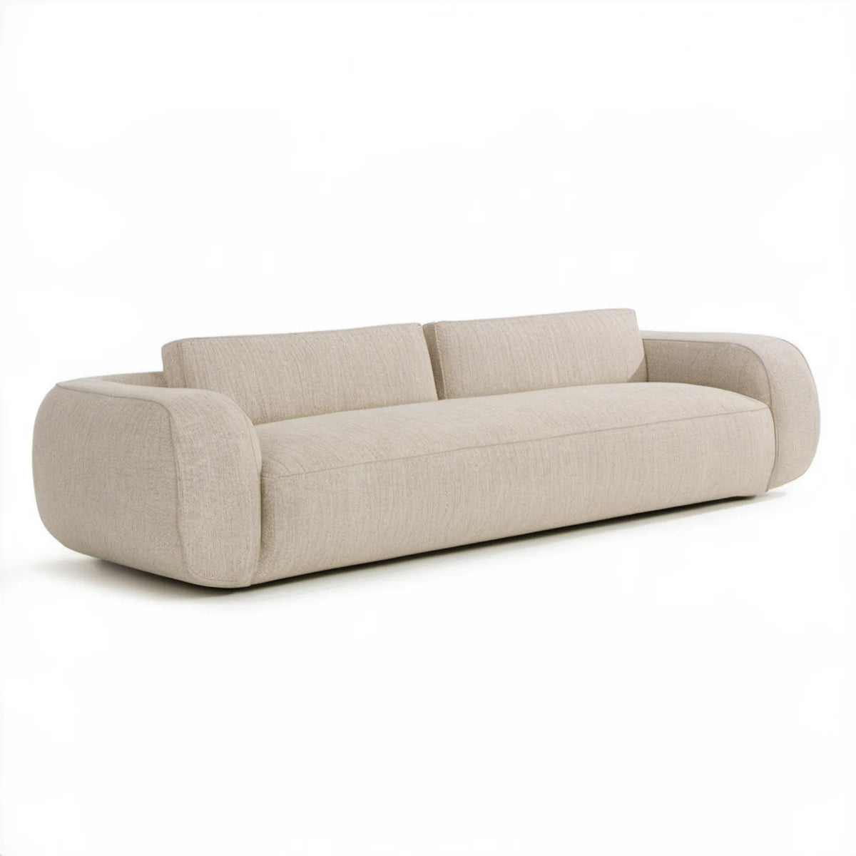 Beżowa sofa trzyosobowa o zaokrąglonej formie, tapicerowana poliestrem, 220 x 95 x 75 cm