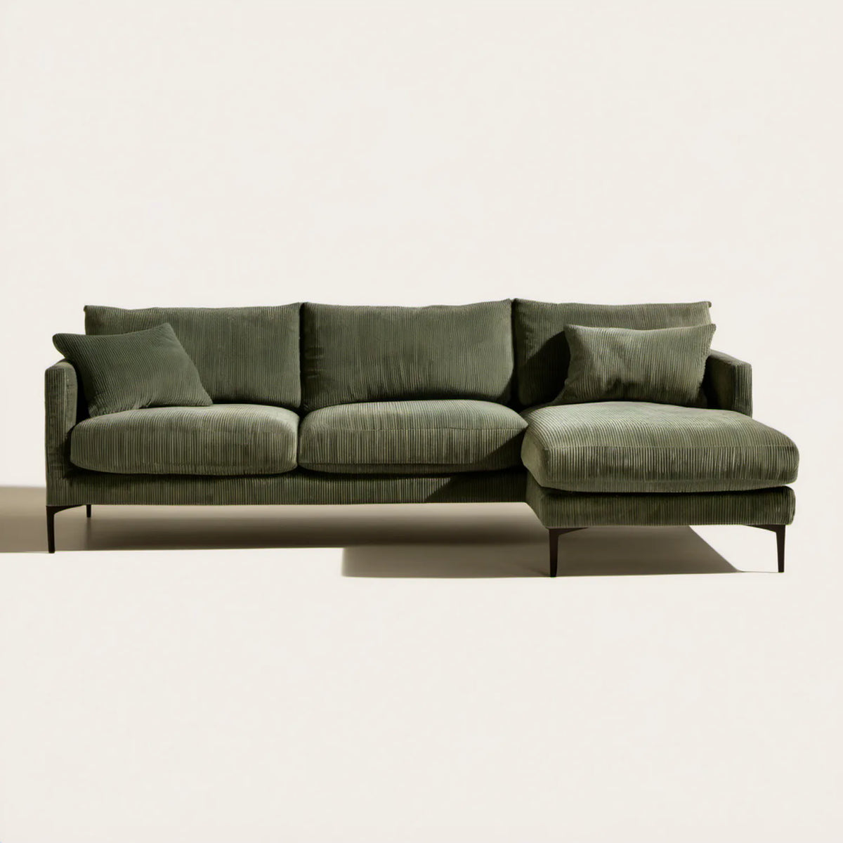 Prawostronna sofa narożna z szezlongiem, sztruksowa, oliwkowa, 260 x 160 x 85 cm