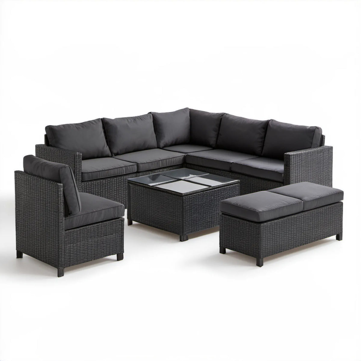 5-częściowy zestaw ogrodowy z rattanu PE, czarny/ciemnoszary, sofa narożna 190 x 190 x 65 cm