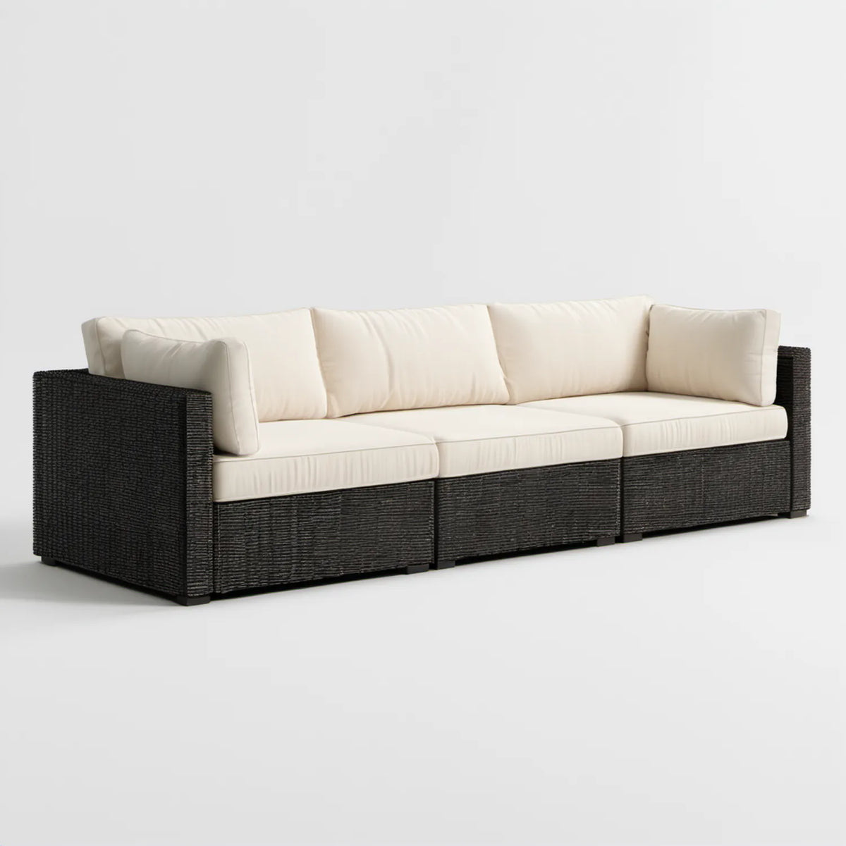 Trzyosobowa sofa ogrodowa z technorattanu PE, czarna z kremowymi poduszkami, 220 x 85 x 70 cm