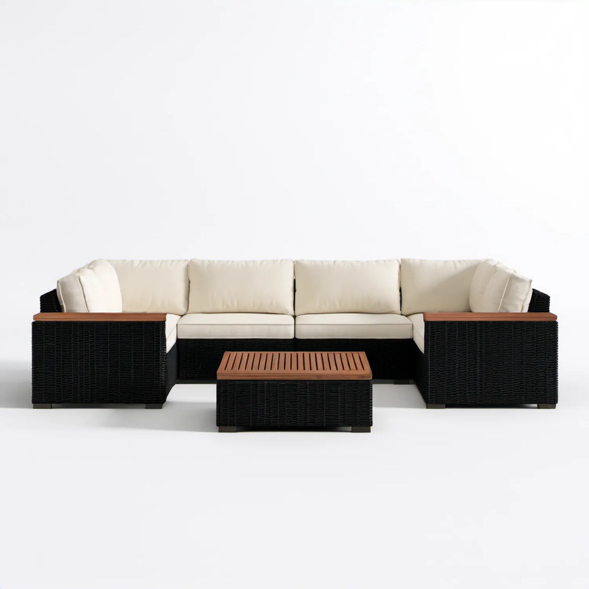 Czarno-kremowy zestaw ogrodowy z technorattanu PE, sofa 3-osobowa 220 × 80 × 78 cm ze stolikiem 100 × 55 × 38 cm