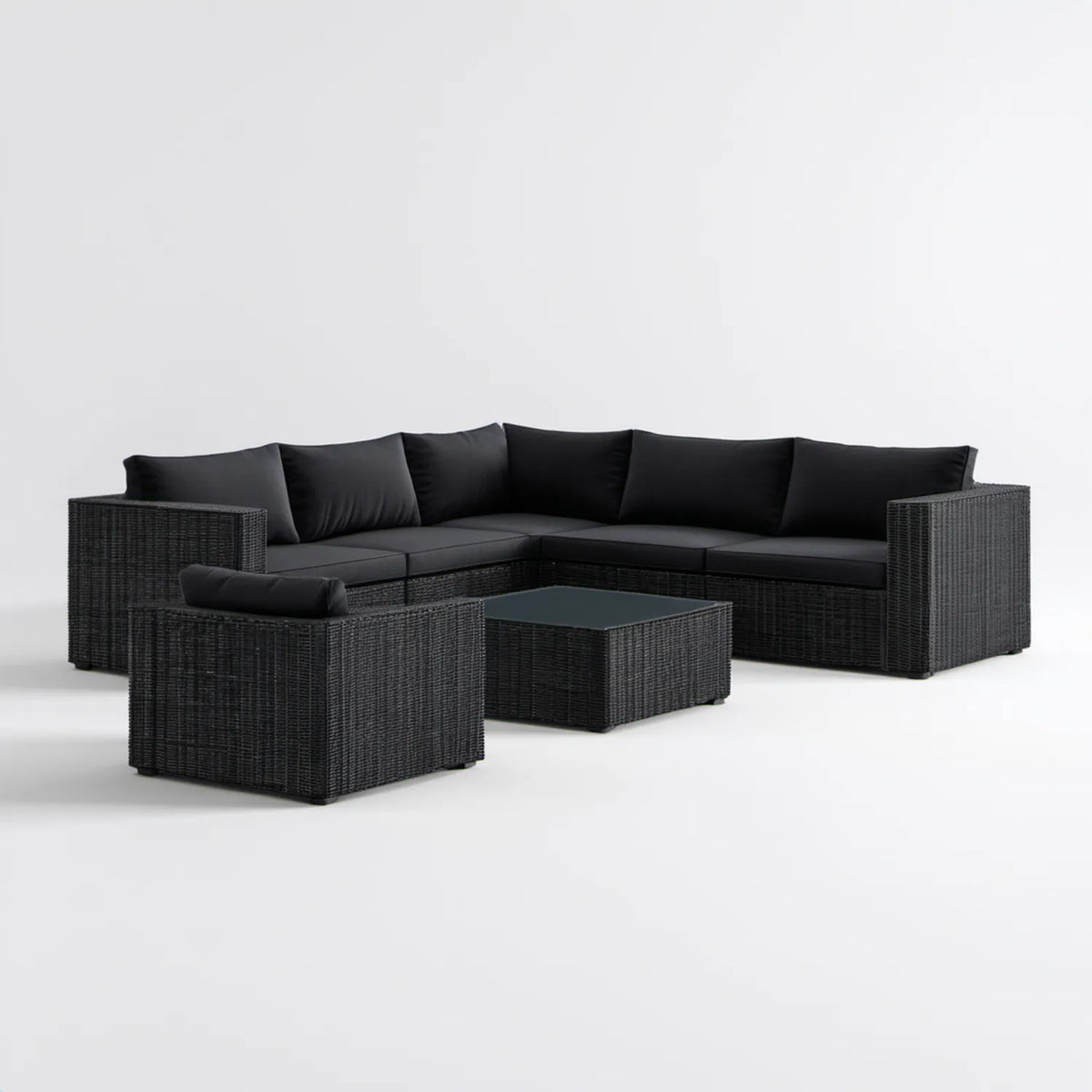Czarny zestaw ogrodowy z technorattanu PE z sofą narożną, fotelem i stolikiem 220 × 220 × 70 cm