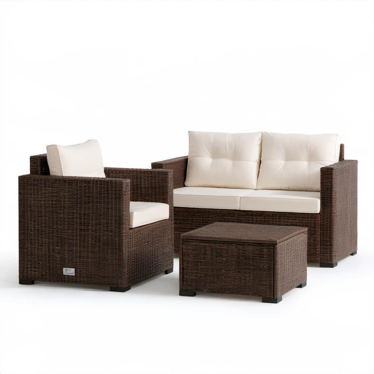 Brązowo-kremowy zestaw wypoczynkowy z technorattanu: sofa 2-osobowa 128 × 70 × 78 cm, fotel 72 × 70 × 78 cm i stolik 70 × 70 × 40 cm