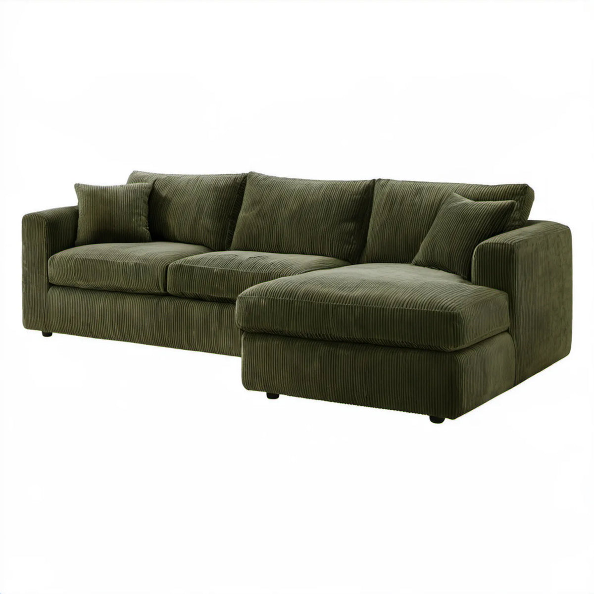 Prawostronna sofa narożna 4-osobowa ze sztruksową tapicerką, oliwkowozielona, 260 x 165 x 85 cm
