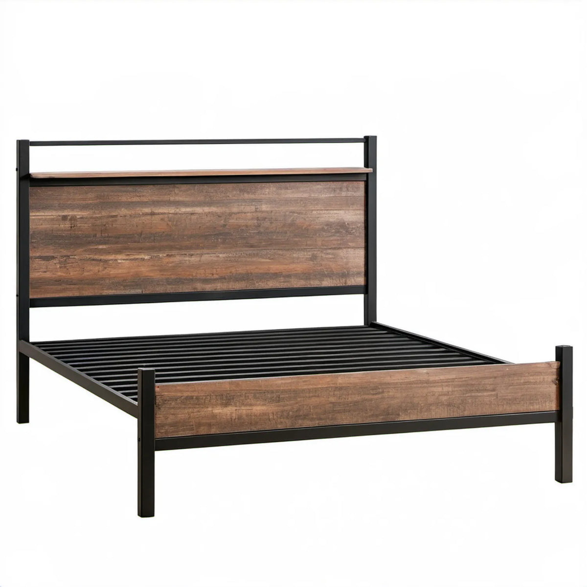 Łóżko dwuosobowe ze stalową ramą i panelami MDF czarno-brązowe, 140 x 200 cm