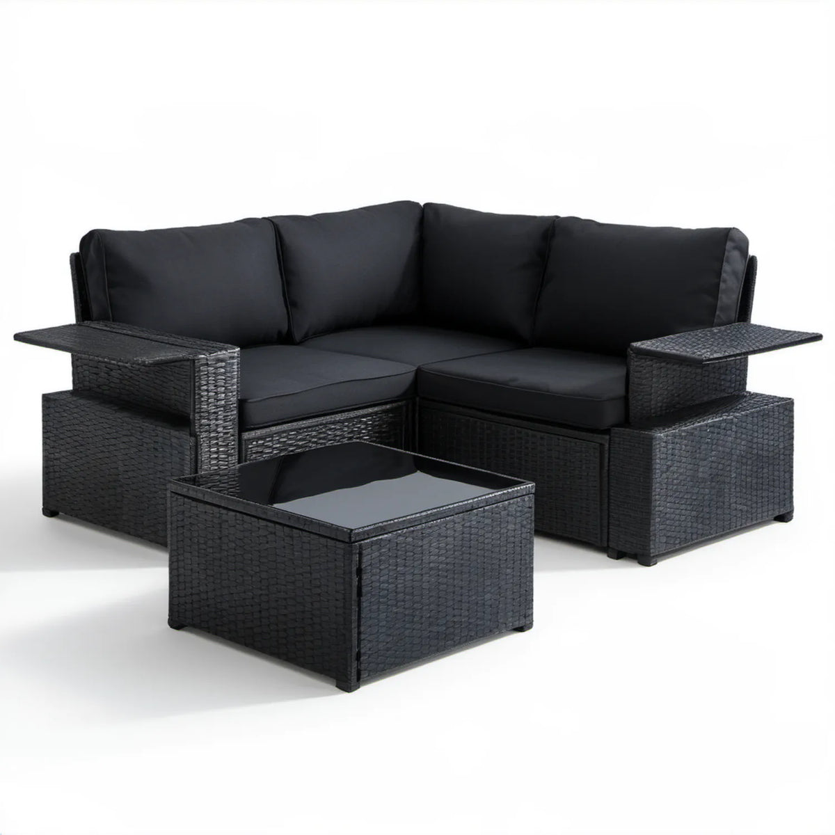 3-częściowy zestaw ogrodowy z technorattanu PE, czarny, sofa 124 x 74 x 63 cm i stolik 70 x 45 x 32 cm