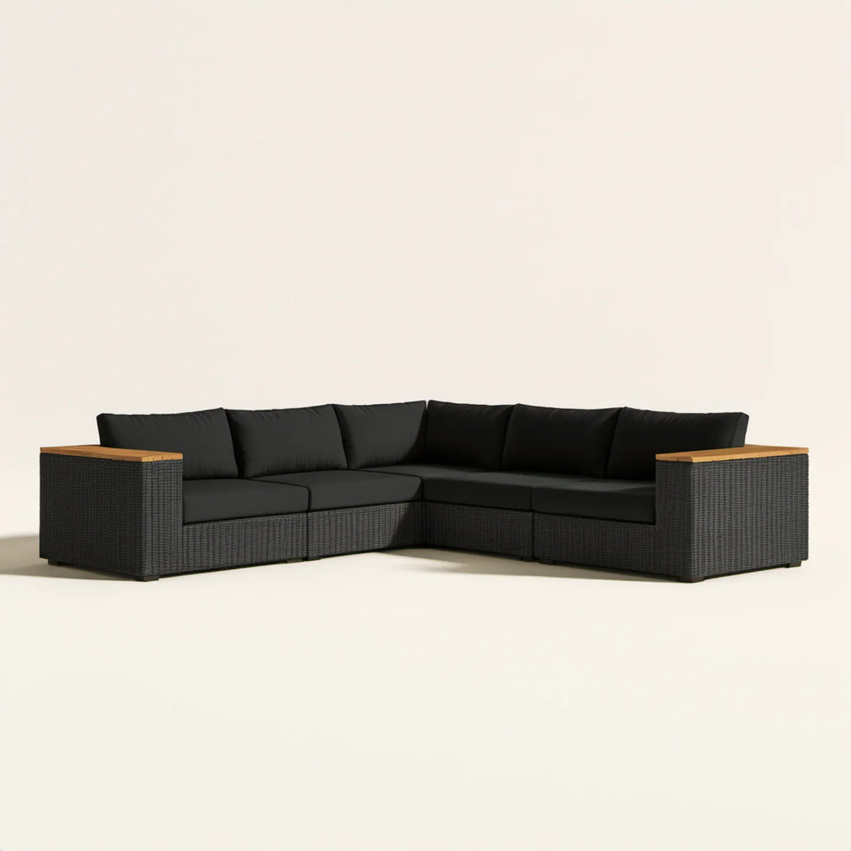 5-osobowa narożna sofa ogrodowa z technorattanu PE, czarna/brązowa, 300 x 220 x 75 cm